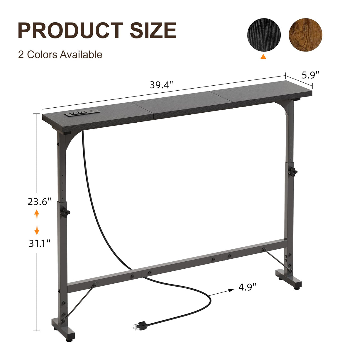 106"-157" Adjustable Length Behind Couch Sofa Table with 3 Power Outlets