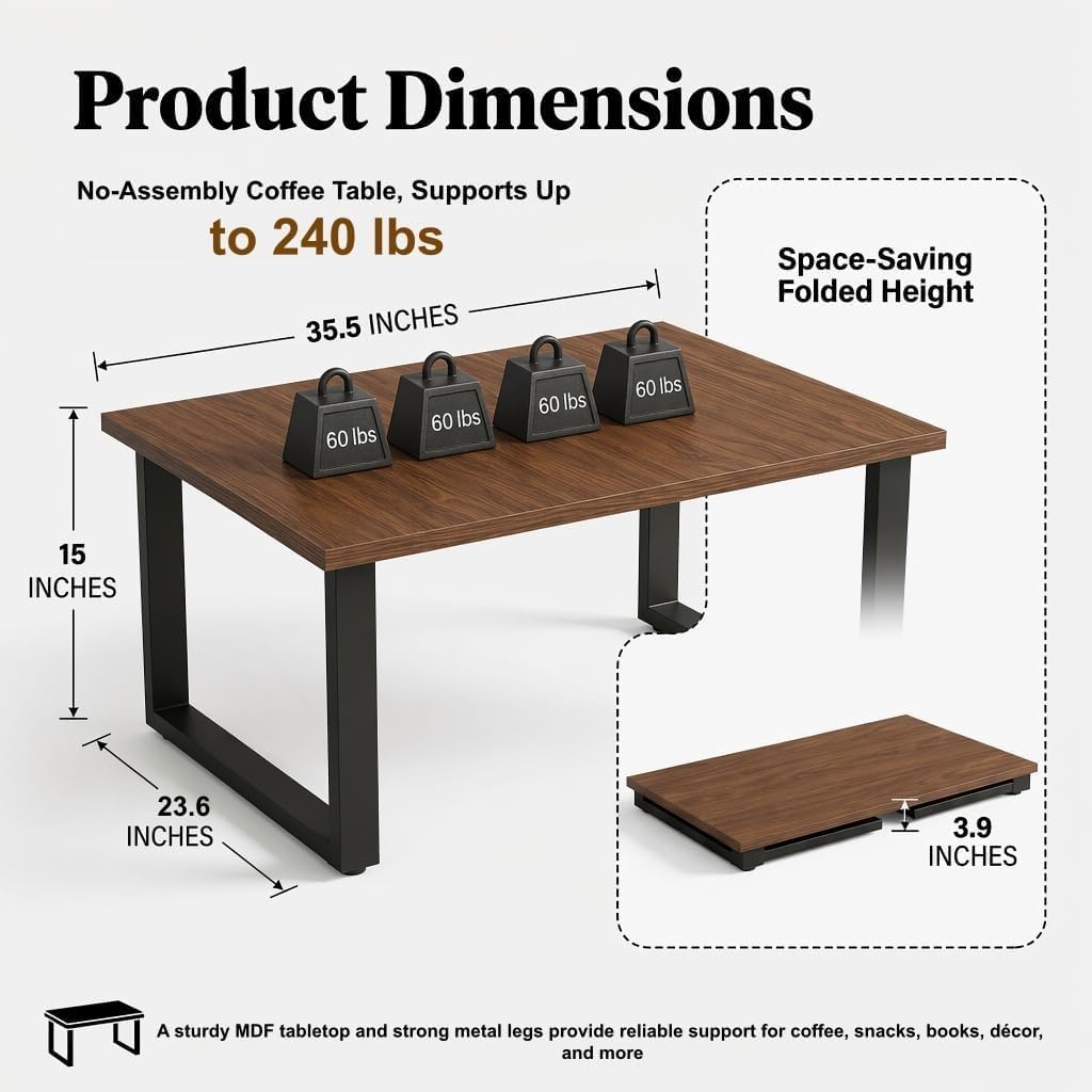 Walnut Folding Coffee Table, No Assembly Required for Small Spaces,35.5In