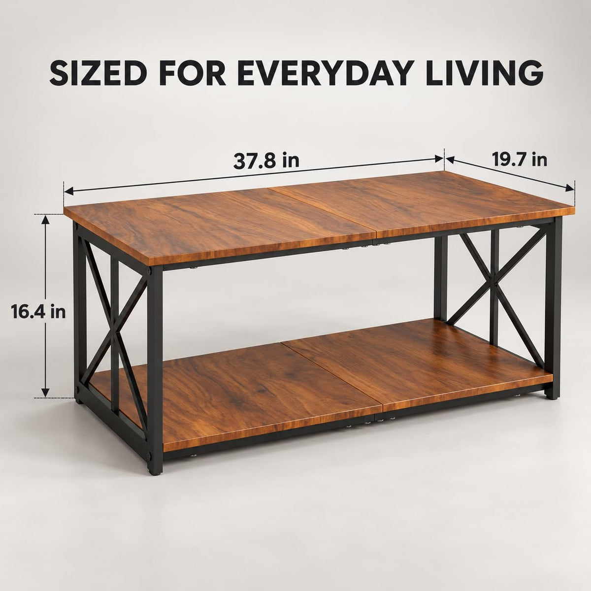 Manora Industrial Rectangular Coffee Table with Storage Shelf, Rustic Brown