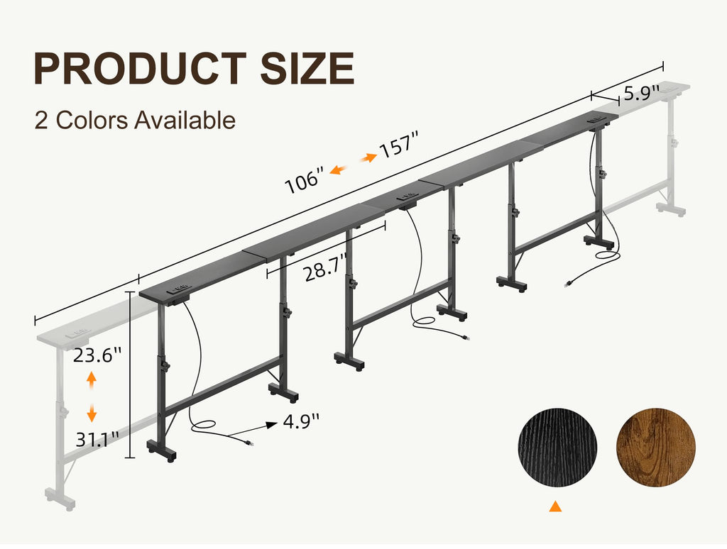 106"-157" Adjustable Length Behind Couch Sofa Table with 3 Power Outlets
