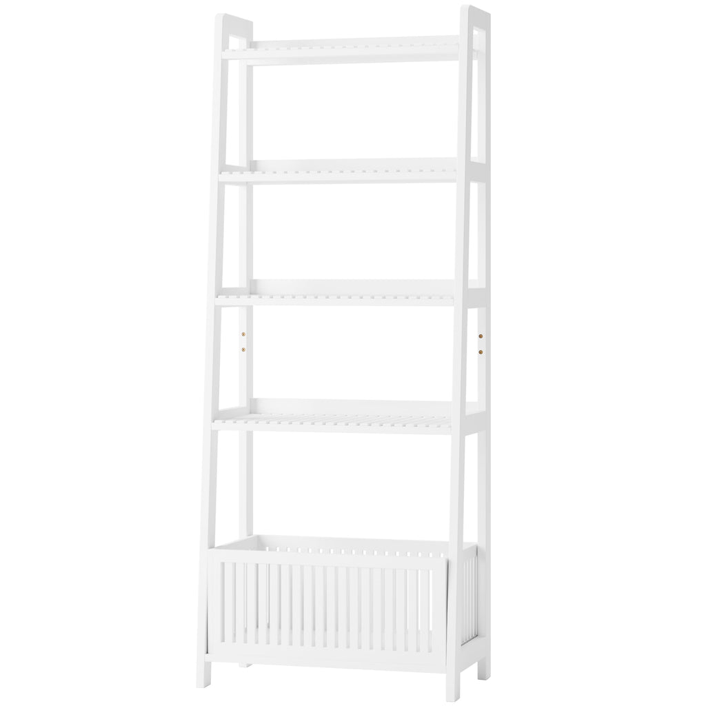 Bamjoy Bamboo Ladder Shelf, Bookshelf with 4 Display Shelves and 1 Open Storage Basket, Multifunctional Storage Rack Organizer for Home Office, Bedroom, Living Room, 66â H Natural