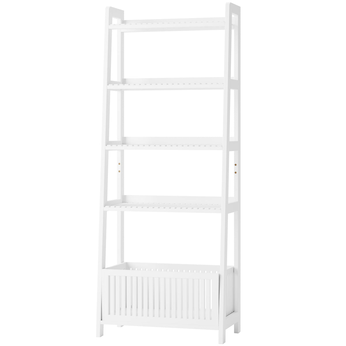 Bamjoy Bamboo Ladder Shelf, Bookshelf with 4 Display Shelves and 1 Open Storage Basket, Multifunctional Storage Rack Organizer for Home Office, Bedroom, Living Room, 66â H Natural
