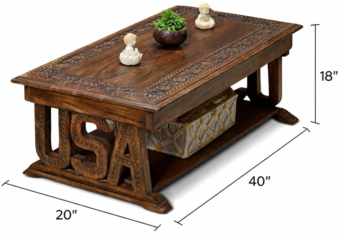 Farmhouse Coffee Table, Jali Carving, 36x24x18 in, Burnt