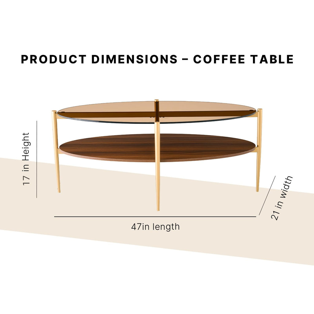 Shrine Oval Coffee Table, Mid-Century Modern Design, 2-Tier Structure, Clear Glass Top and White MDF Shelf, 47" D x 21" W x 17" H, Sleek Conical Metal Legs with Gold Finish