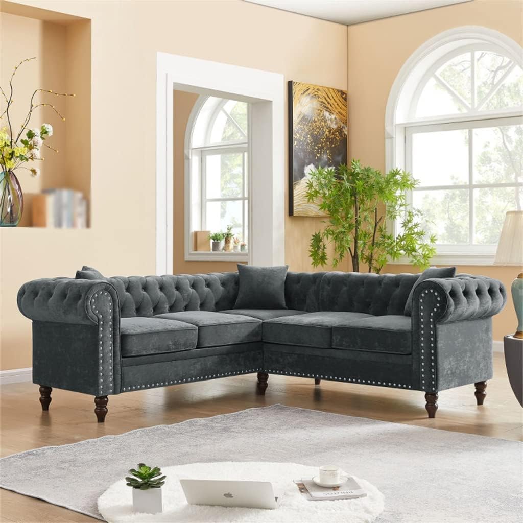 80" Deep Button Tufted Upholstered Roll Arm L-Shaped Sofa 3 Pillows Included, Solid Wood Gourd Legs