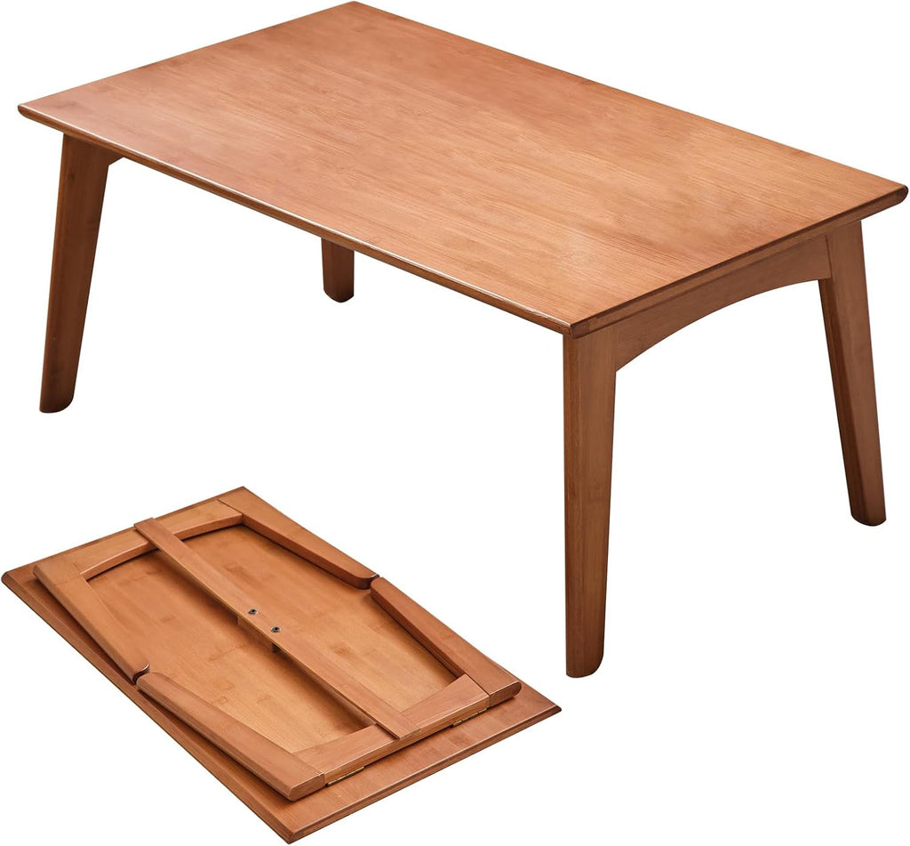 JIKUGO Bamboo Folding Coffee Table No Assembly Required Japanese Floor Table for Bedroom Living Room, Walnut, 26 x 15.8 x 11.8 Inches