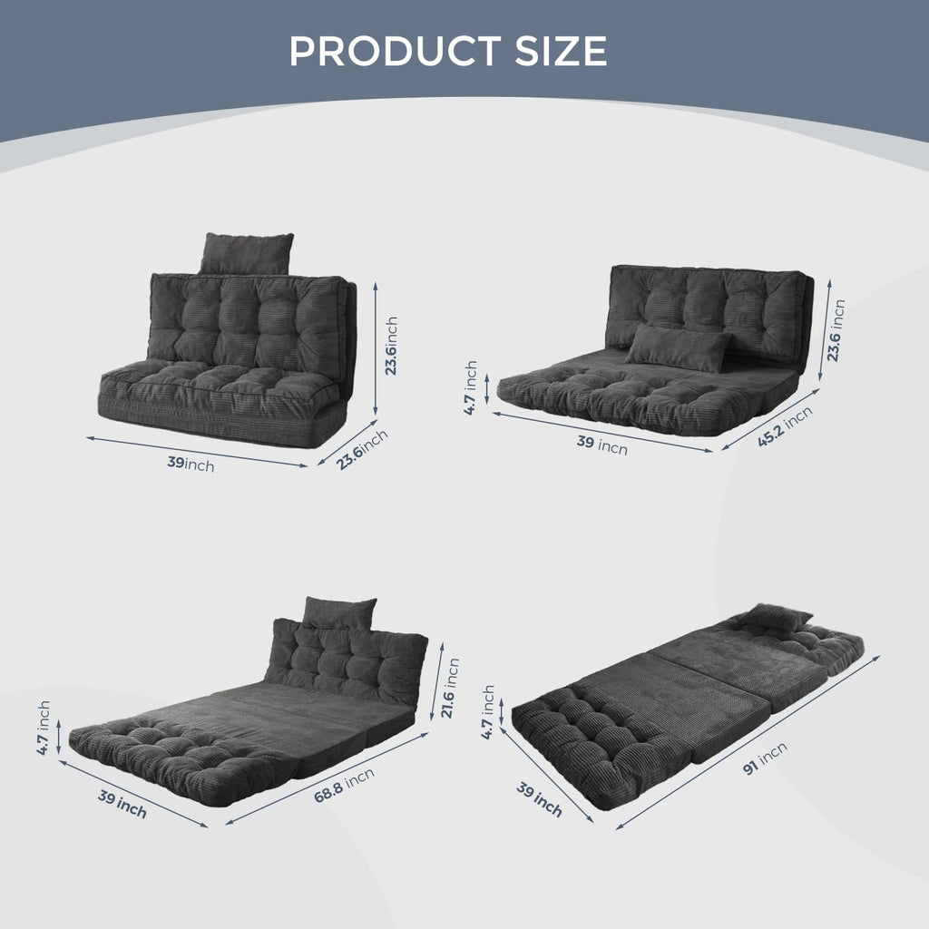MAXYOYO Folding Sofa Bed, Extra Thick and Long Floor Sofa Convertible Chair with Washable Cover, Floor Couch Lounge Bean Bag Bed for Living Room, Dark Grey, 54x91 Inch