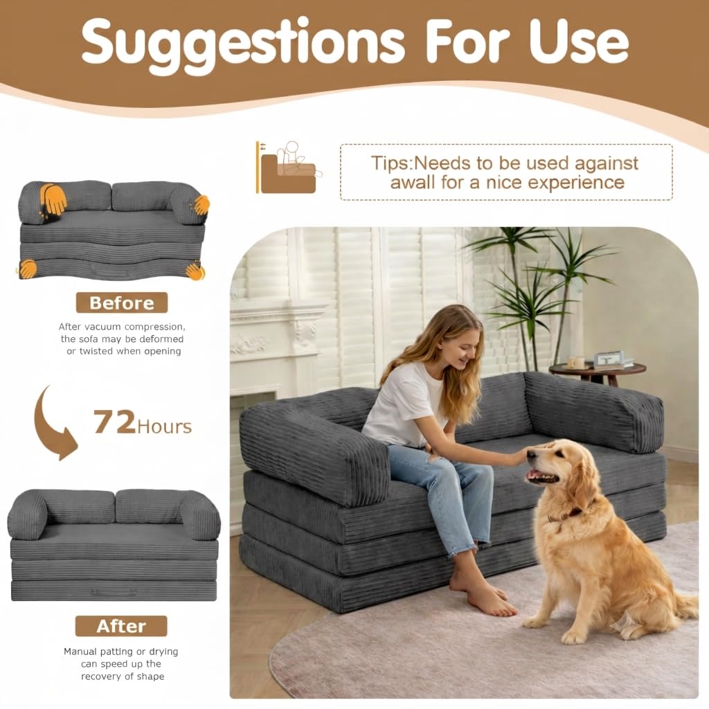 Convertible Sofa Bed Queen,5-in-1 Boneless Couch with Removable Armrests & Handle,Corduroy Futon Sleeper Sofa,Floor Folding Mattress Pull Out Bed for Small Space Apartment Living Room Bedroom,Green