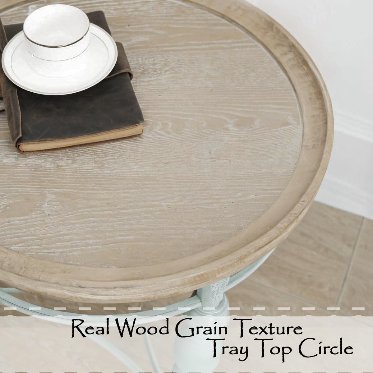 Rustic Farmhouse Round Coffee Table, French Country Vintage Center Table,Ï31.5'' x18.9''H Rustic Solid Wood with Vintage Iron Legs, for Living Room, Bedroom,Dinning Room,Nature White