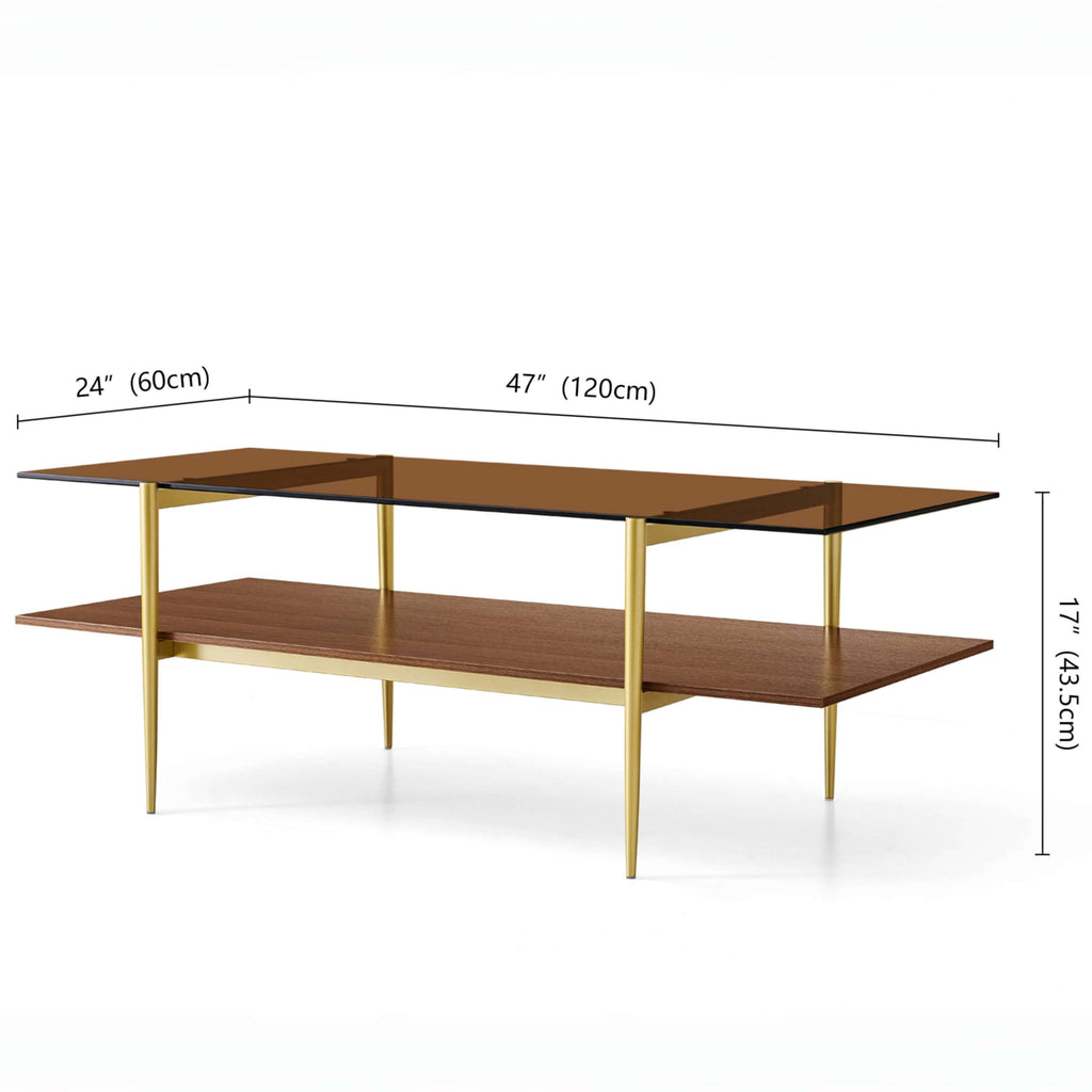 LumFurn Round Coffee Table for Living Room, Mid-Century Modern Design, D30 x H17, 2-Tier Structure, Grey Glass Top and Black Marble Finish Wood Shelf, Sleek Conical Metal Legs with Gold Finish Frame