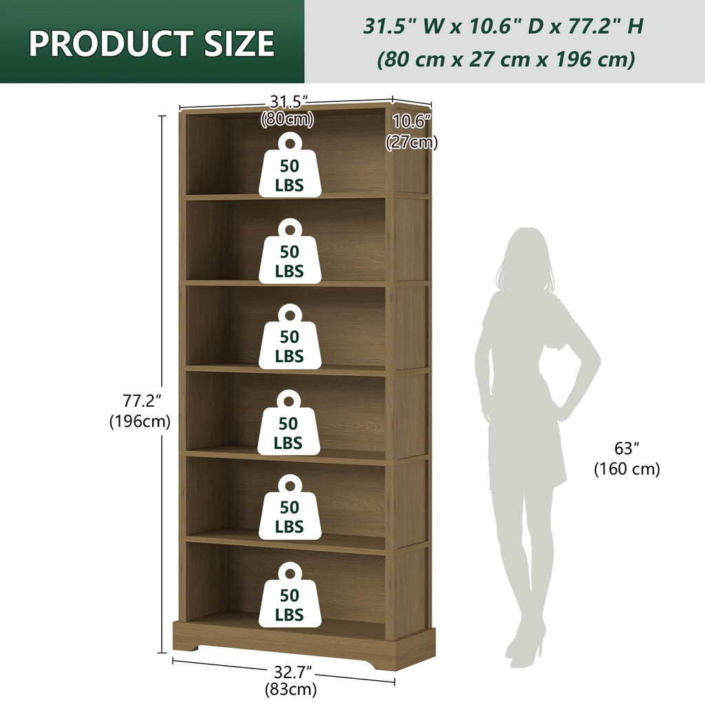 TVU 5 Tiers Wooden Bookshelf, 65.2" Tall Farmhouse Style Open Bookcase, 31.5" Wide Standing Book Shelf with Storage for Study Room, Living Room, Walnut Brown