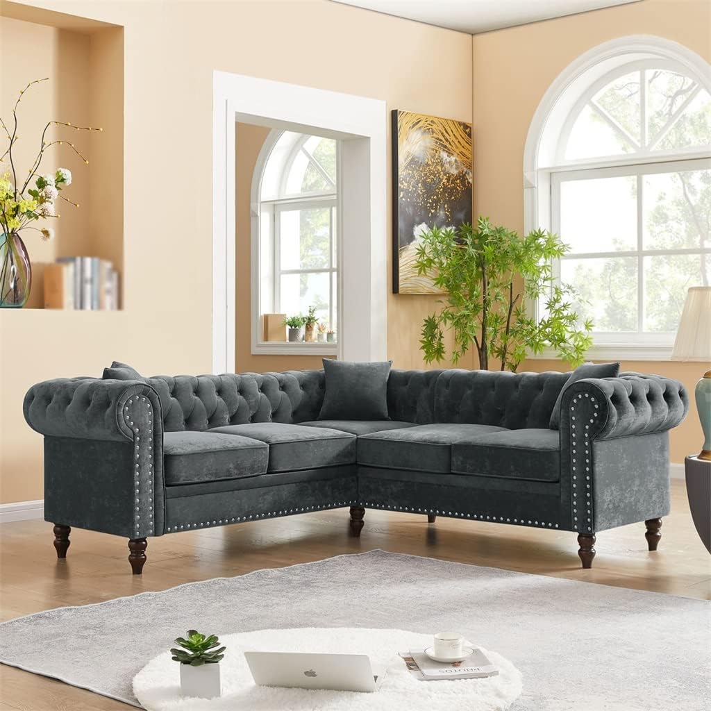 80" Deep Button Tufted Upholstered Roll Arm L-Shaped Sofa 3 Pillows Included, Solid Wood Gourd Legs