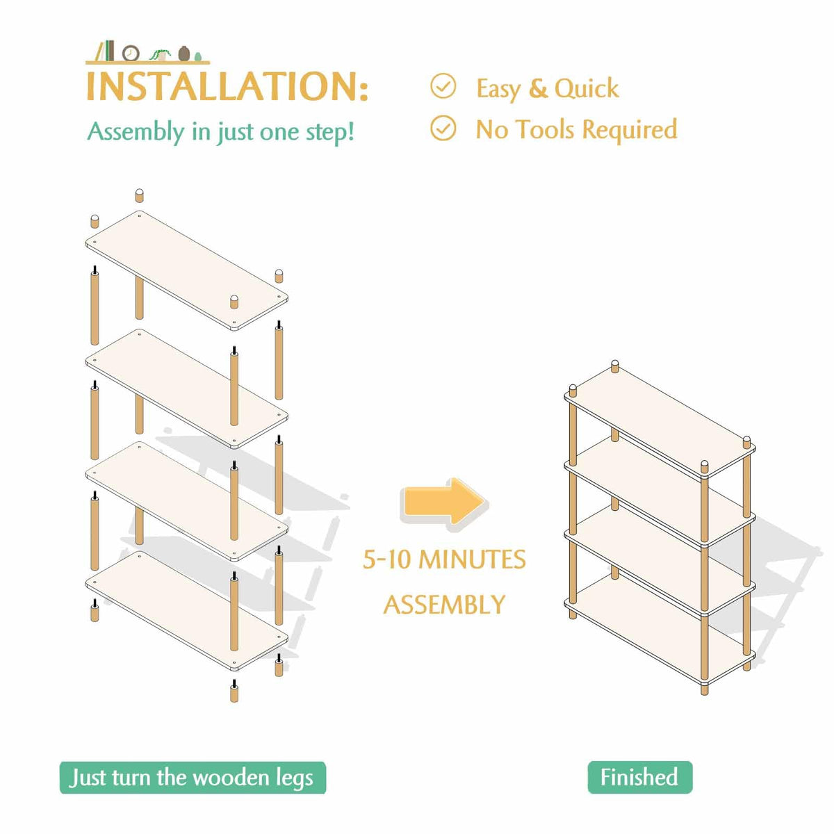 IOTXY 5-Tier Wooden Shelf Bookcase, Freestanding Open Bookshelf, Oak