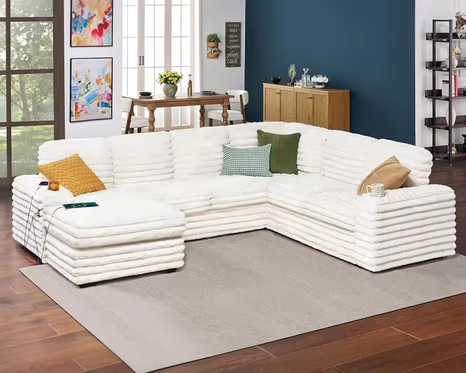 112 in Oversized Couch with Storage Chaise Sectional Sofa with Cup Holders 2 Corduroy Beige