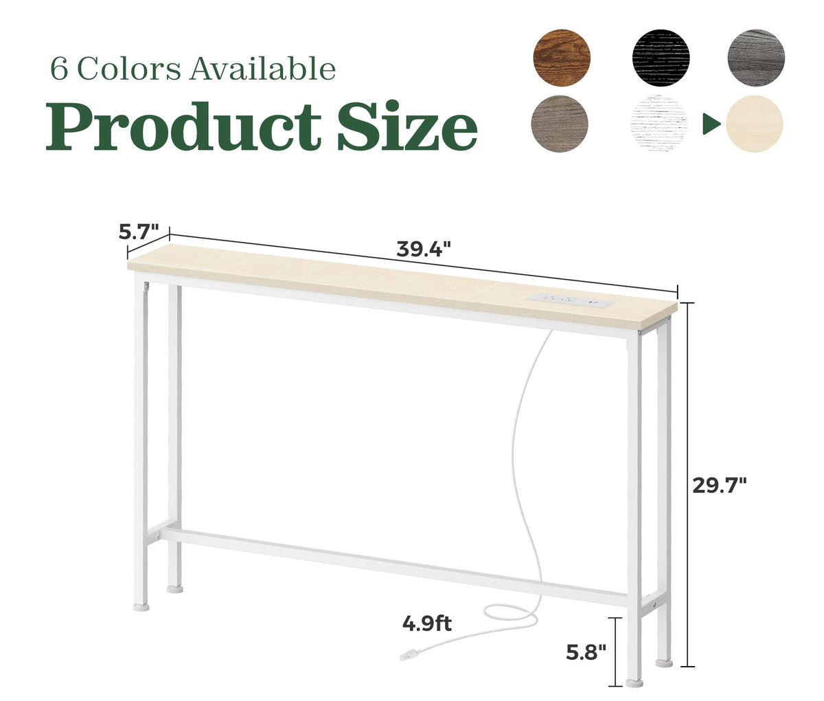 SUPERJARE 110.2 inch Narrow Behind Couch Table with Charging Stations