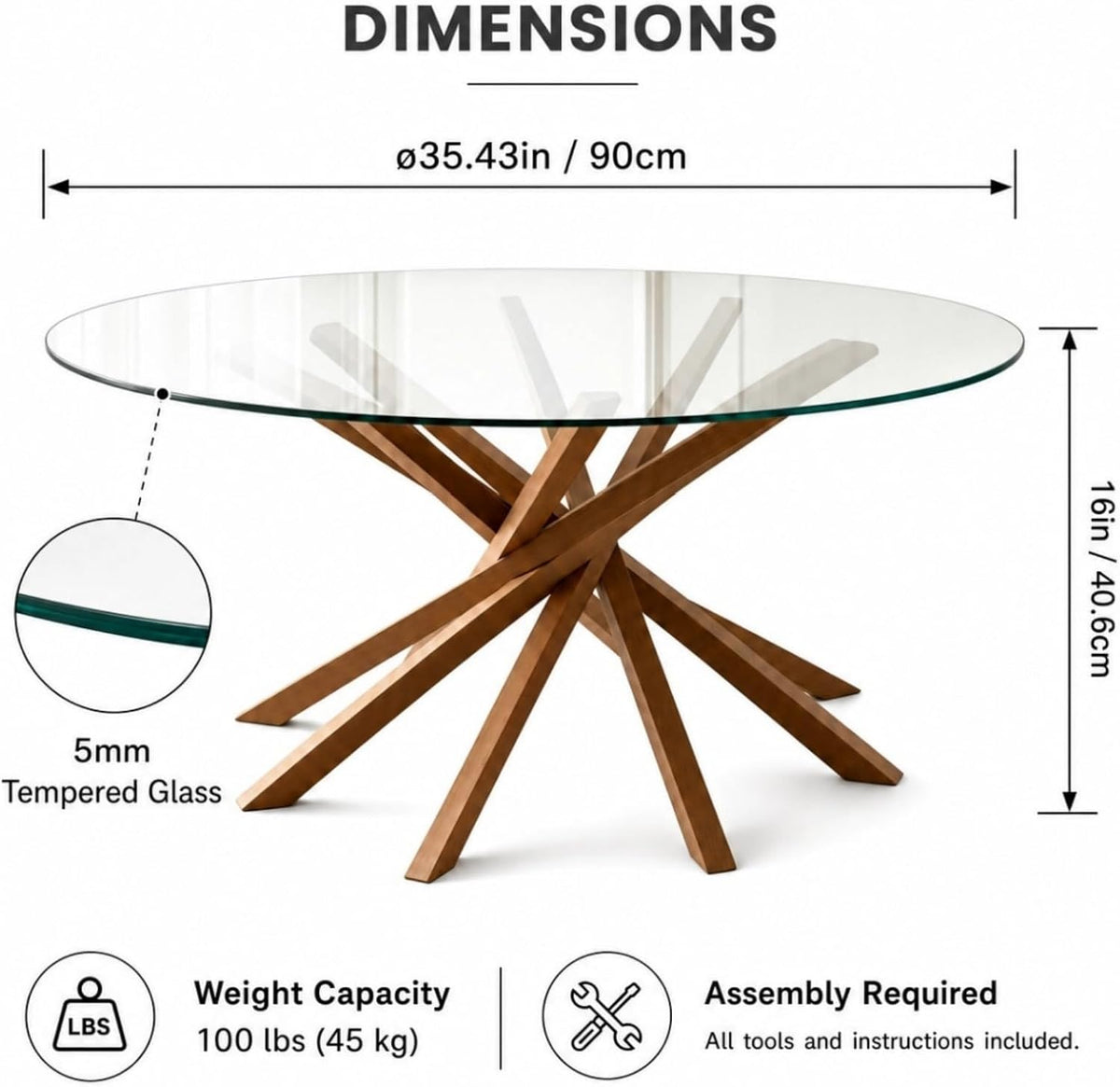Round Glass Coffee Table-Mid Century Modern Solid Wood Coffee Table