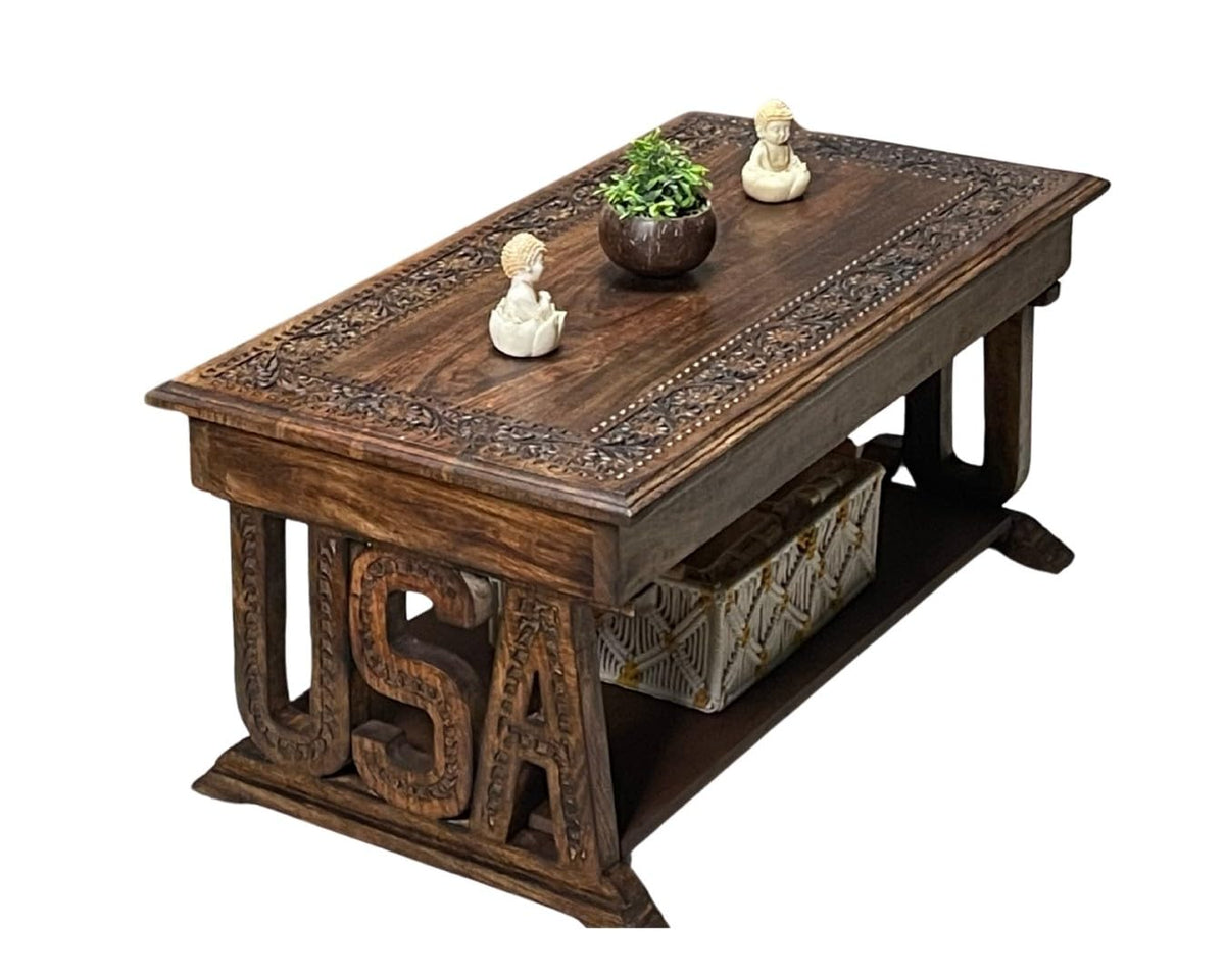 Farmhouse Coffee Table, Jali Carving, 36x24x18 in, Burnt