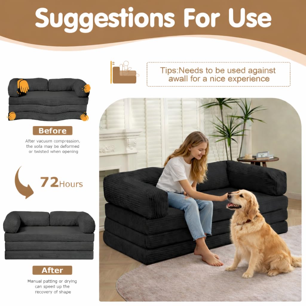 Convertible Sofa Bed Queen,5-in-1 Boneless Couch with Removable Armrests & Handle,Corduroy Futon Sleeper Sofa,Floor Folding Mattress Pull Out Bed for Small Space Apartment Living Room Bedroom,Green