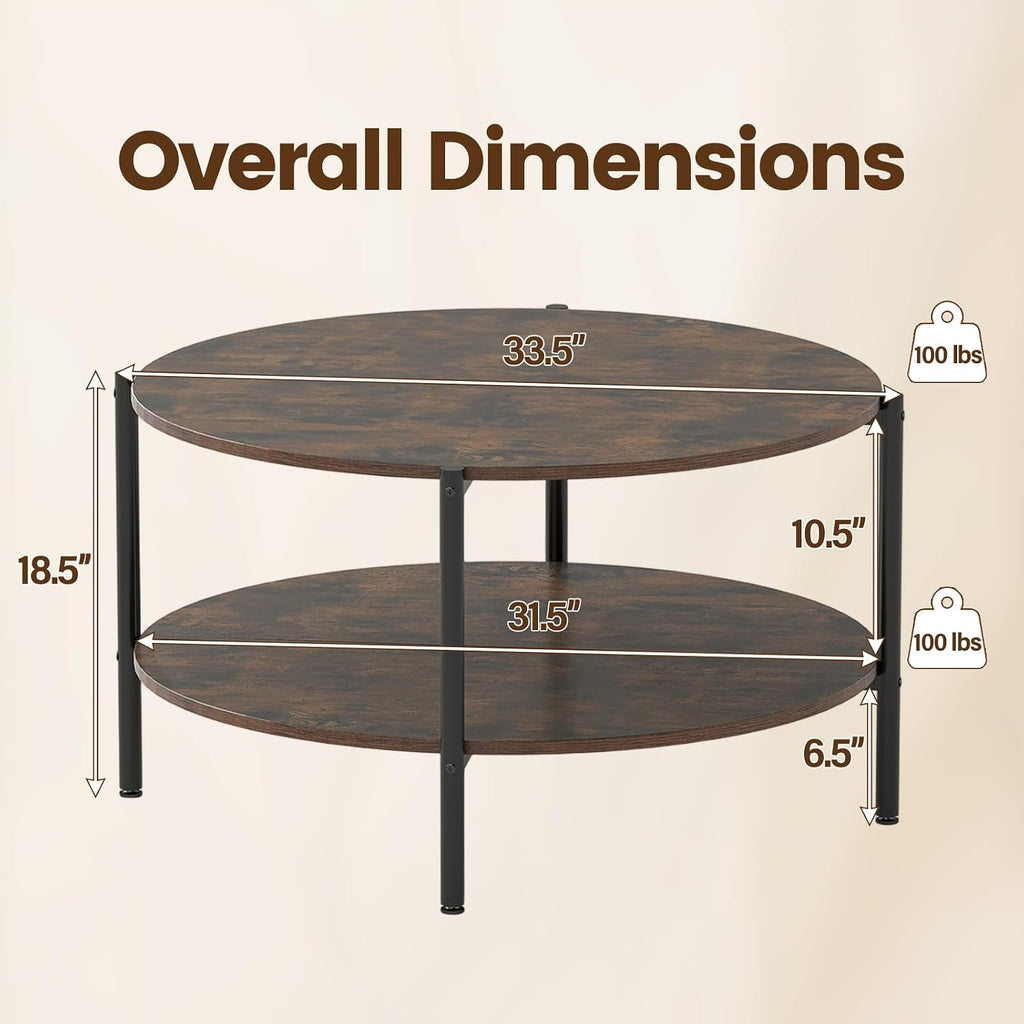 COSTWAY 33.5-inch Wooden Round Coffee Table with Open Storage Shelf, Heavy Duty Metal Frame, 2-Tier Industrial Circle Cocktail Accent Table for Living Room Apartment, Rustic Brown