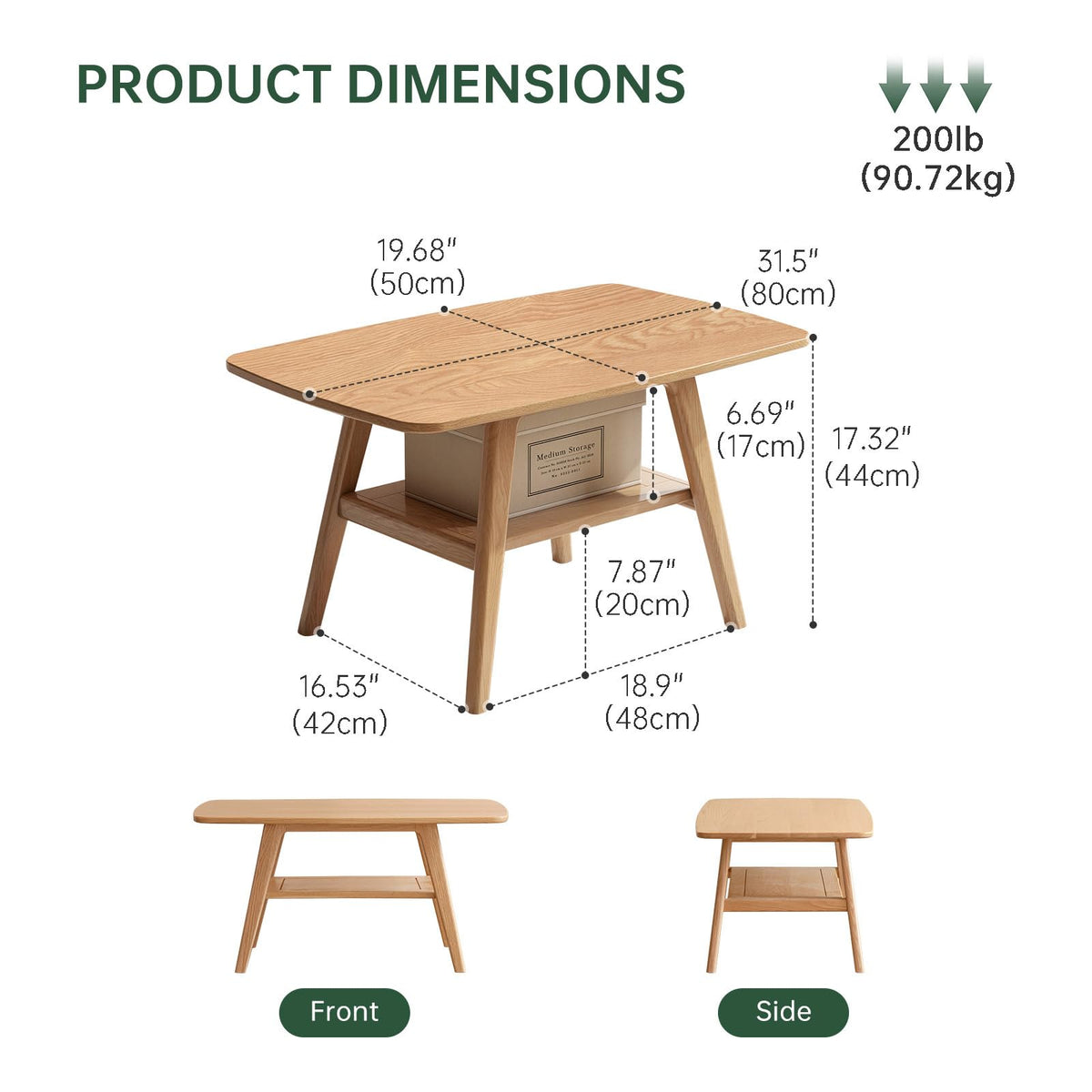 100% Solid Oak Coffee Table with Storage Shelf, 31.49" W