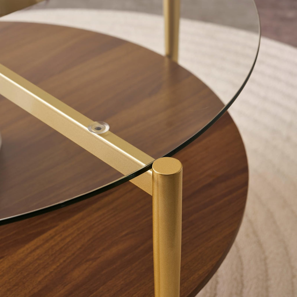 LumFurn Round Coffee Table for Living Room, Mid-Century Modern Design, D30 x H17, 2-Tier Structure, Grey Glass Top and Black Marble Finish Wood Shelf, Sleek Conical Metal Legs with Gold Finish Frame