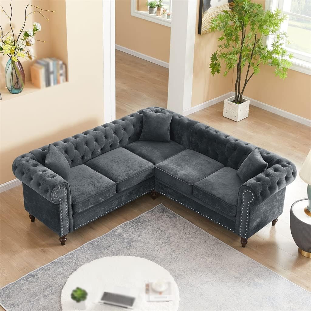 80" Deep Button Tufted Upholstered Roll Arm L-Shaped Sofa 3 Pillows Included, Solid Wood Gourd Legs