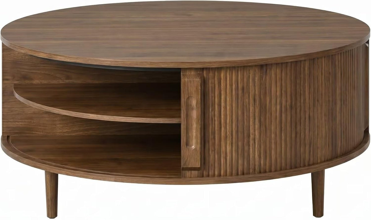 Round Lift Top Coffee Table, 39.4 Inch Minimalist Fluted Walnut Wood Cocktail Table with Hidden Divided Storage & Dual-Tier Open Side Shelves, Dark Walnut Finish Circular Living Room Center Table