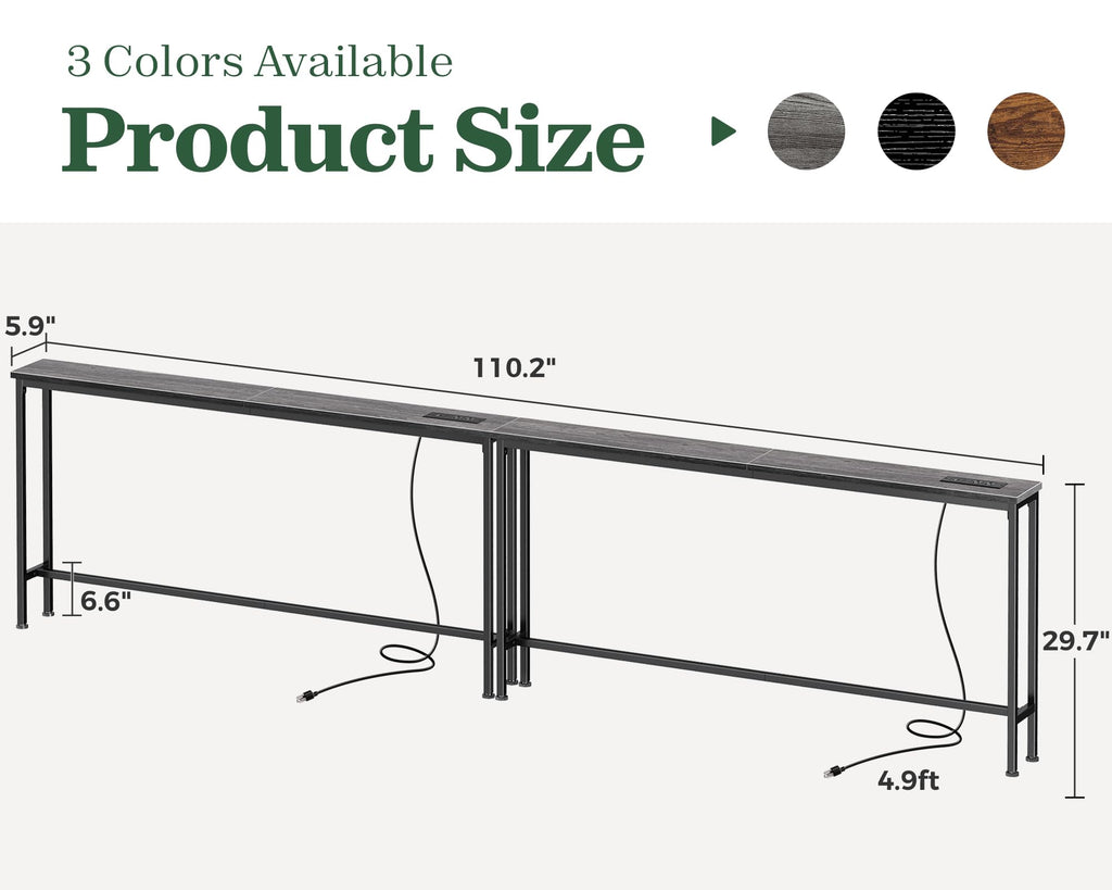 SUPERJARE 110.2 inch Narrow Behind Couch Table with Charging Stations