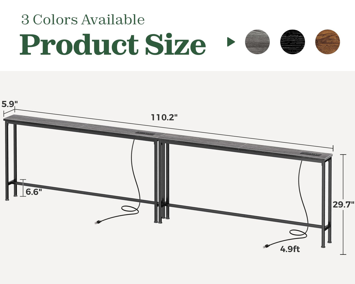 SUPERJARE 110.2 inch Narrow Behind Couch Table with Charging Stations