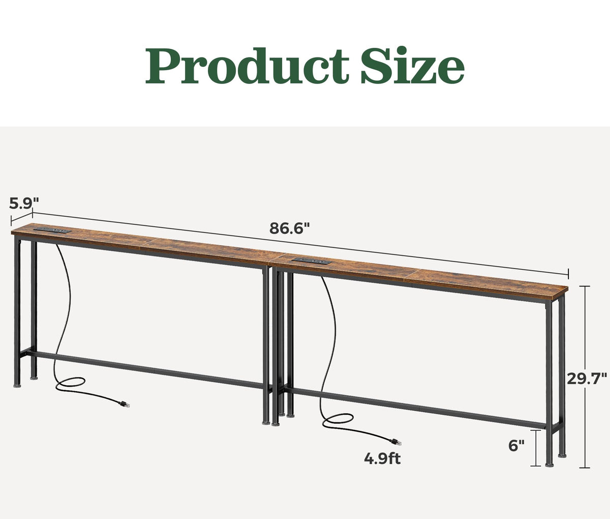SUPERJARE 110.2 inch Narrow Behind Couch Table with Charging Stations