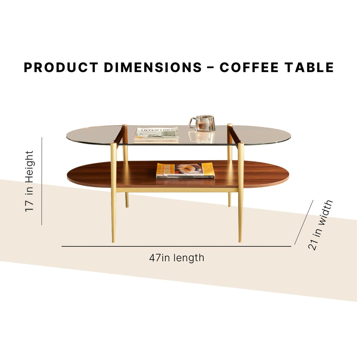 Shrine Oval Coffee Table, Mid-Century Modern Design, 2-Tier Structure, Clear Glass Top and White MDF Shelf, 47" D x 21" W x 17" H, Sleek Conical Metal Legs with Gold Finish