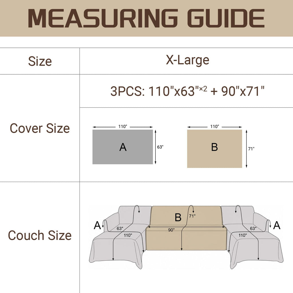 Deep Dream Sectional Couch Covers U Shape, 3 Pieces Waterproof Sofa Cover for Sectional Sofa, Non Slip U Shaped Couch Cover with Chaise Lounge for Dogs Pets, Dark Grey (2PCS 110"x63" + 1PCS 90"x71")