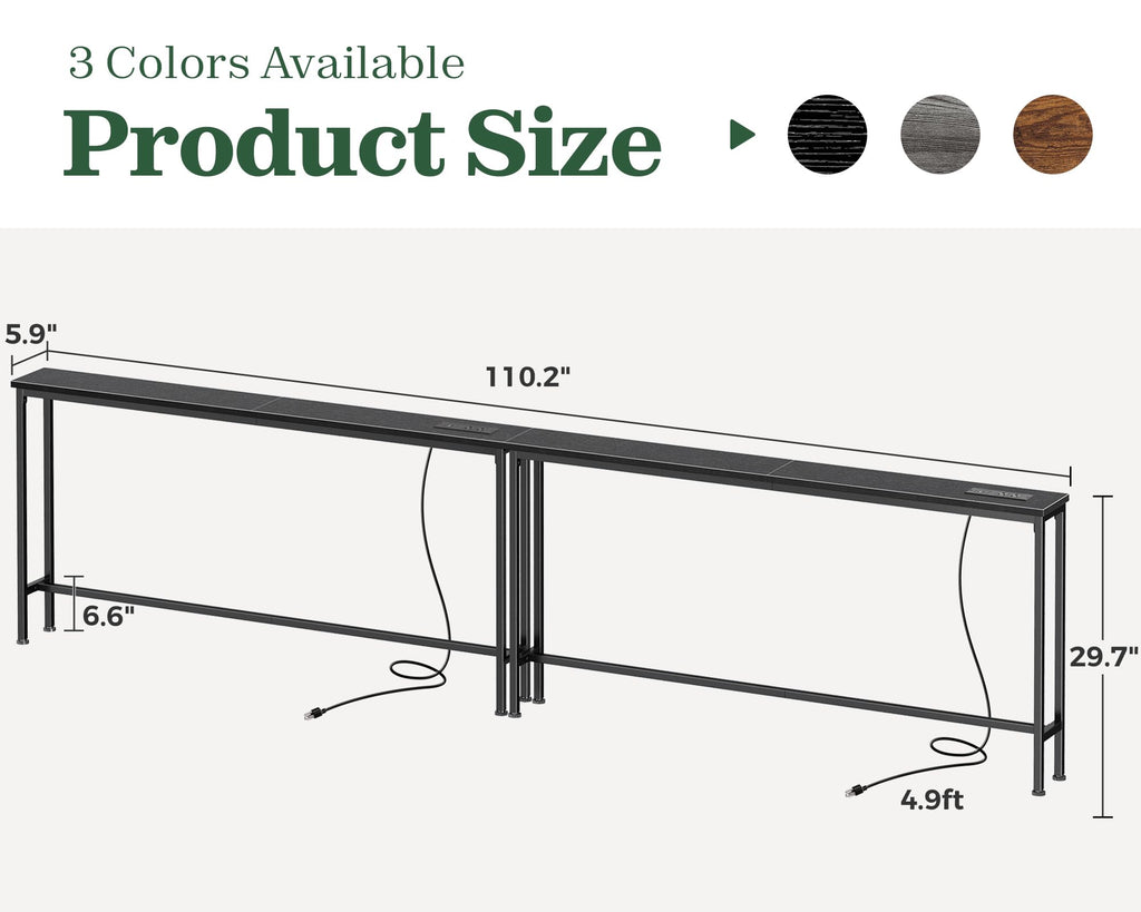 SUPERJARE 110.2 inch Narrow Behind Couch Table with Charging Stations