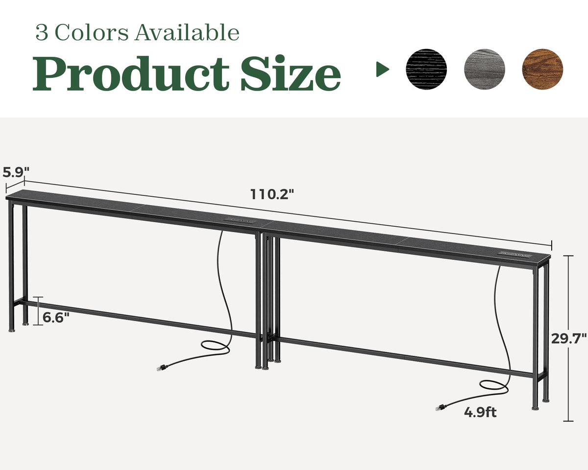 SUPERJARE 110.2 inch Narrow Behind Couch Table with Charging Stations