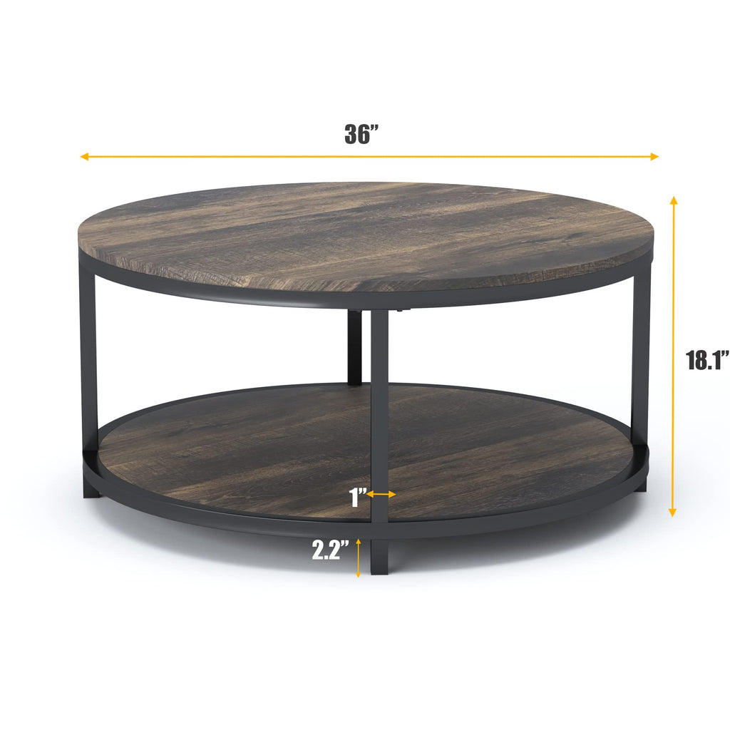 NSdirect Round Coffee Table,36" Coffee Table for Living Room,2-Tier Rustic Wood Desktop with Storage Shelf Modern Design Home Furniture(Light Walnut)