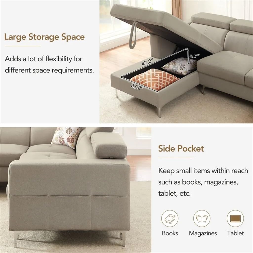 120'* 94.5" 3-Piece Sectional Sofa U Shape with Storage Left Chaise Lounge with Adjustment Linen Fabric