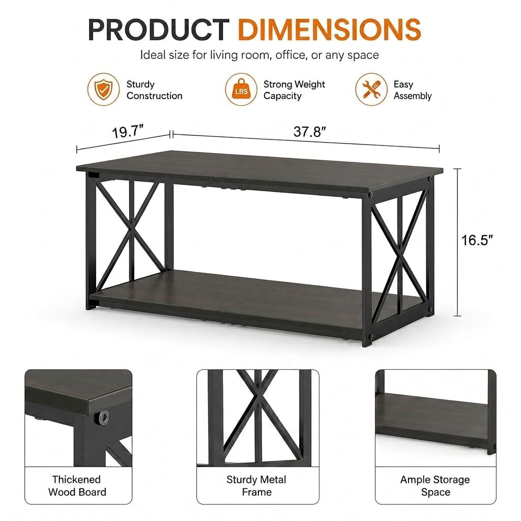 Manora Industrial Rectangular Coffee Table with Storage Shelf, Rustic Brown