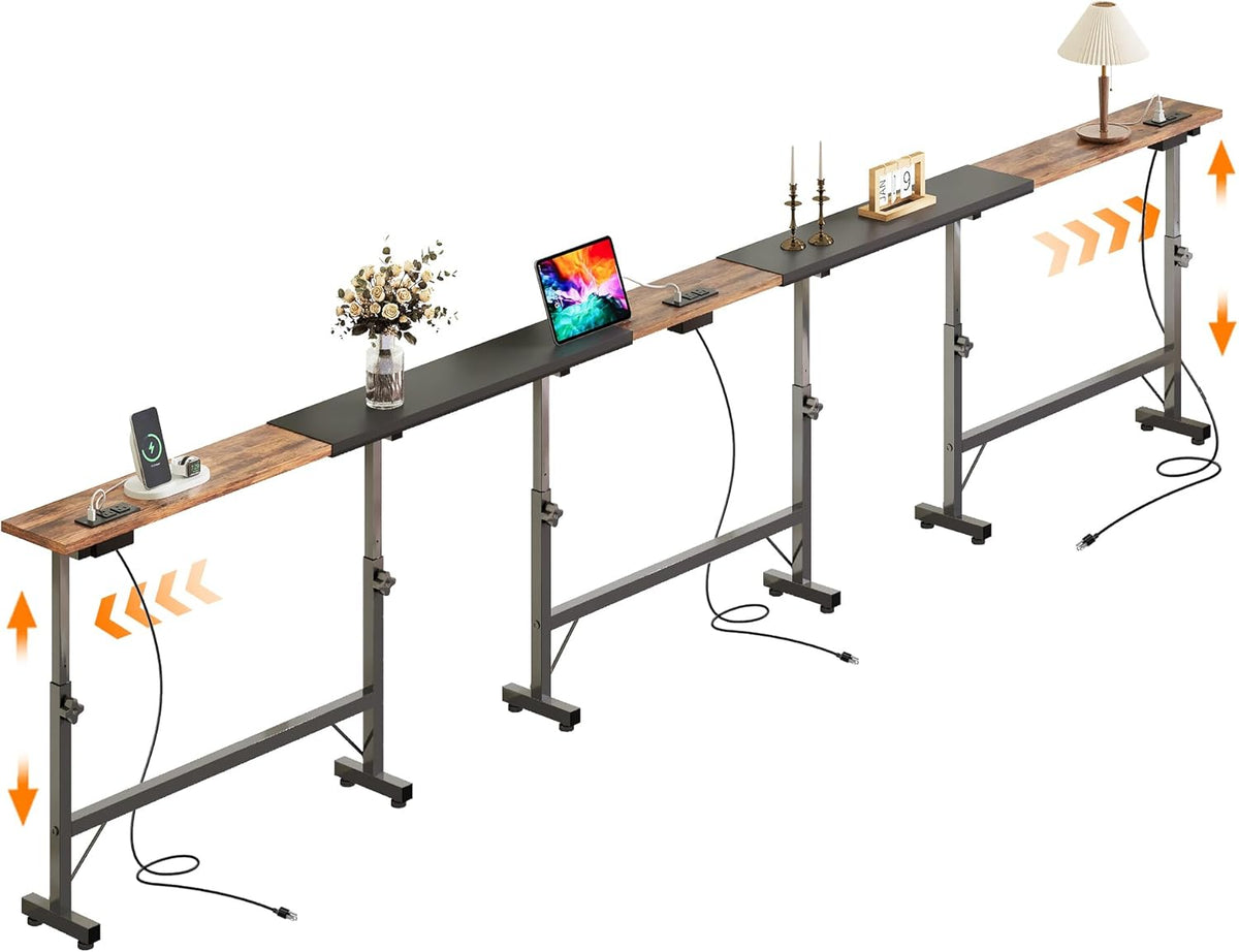 106"-157" Adjustable Length Behind Couch Sofa Table with 3 Power Outlets