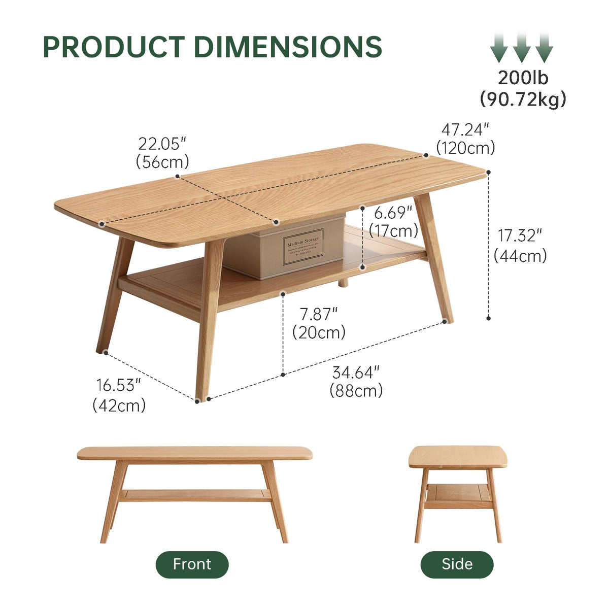 100% Solid Oak Coffee Table with Storage Shelf, 31.49" W