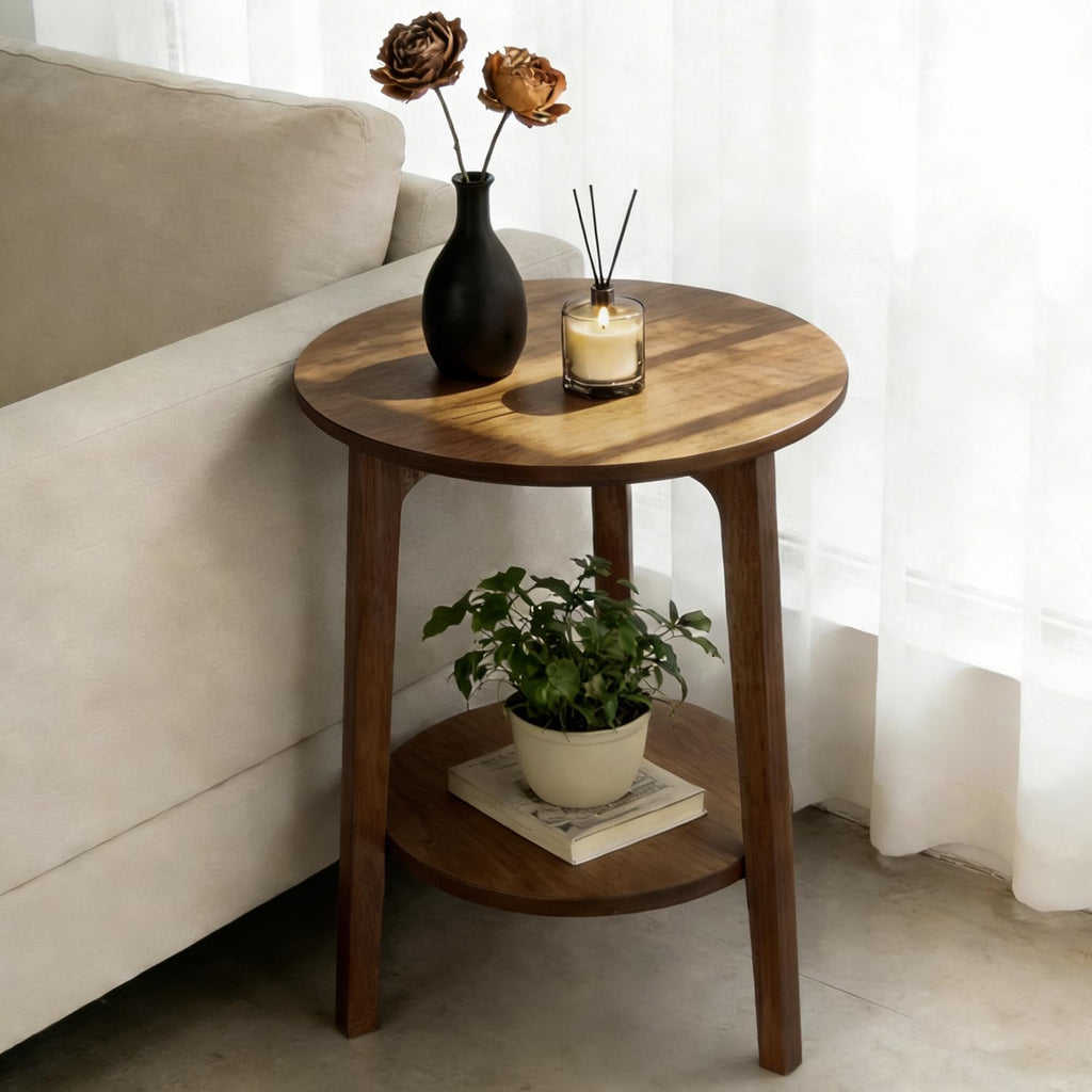 2-Tier Round Coffee Table Wood Nesting Side Table (Walnut, 28x28x18)