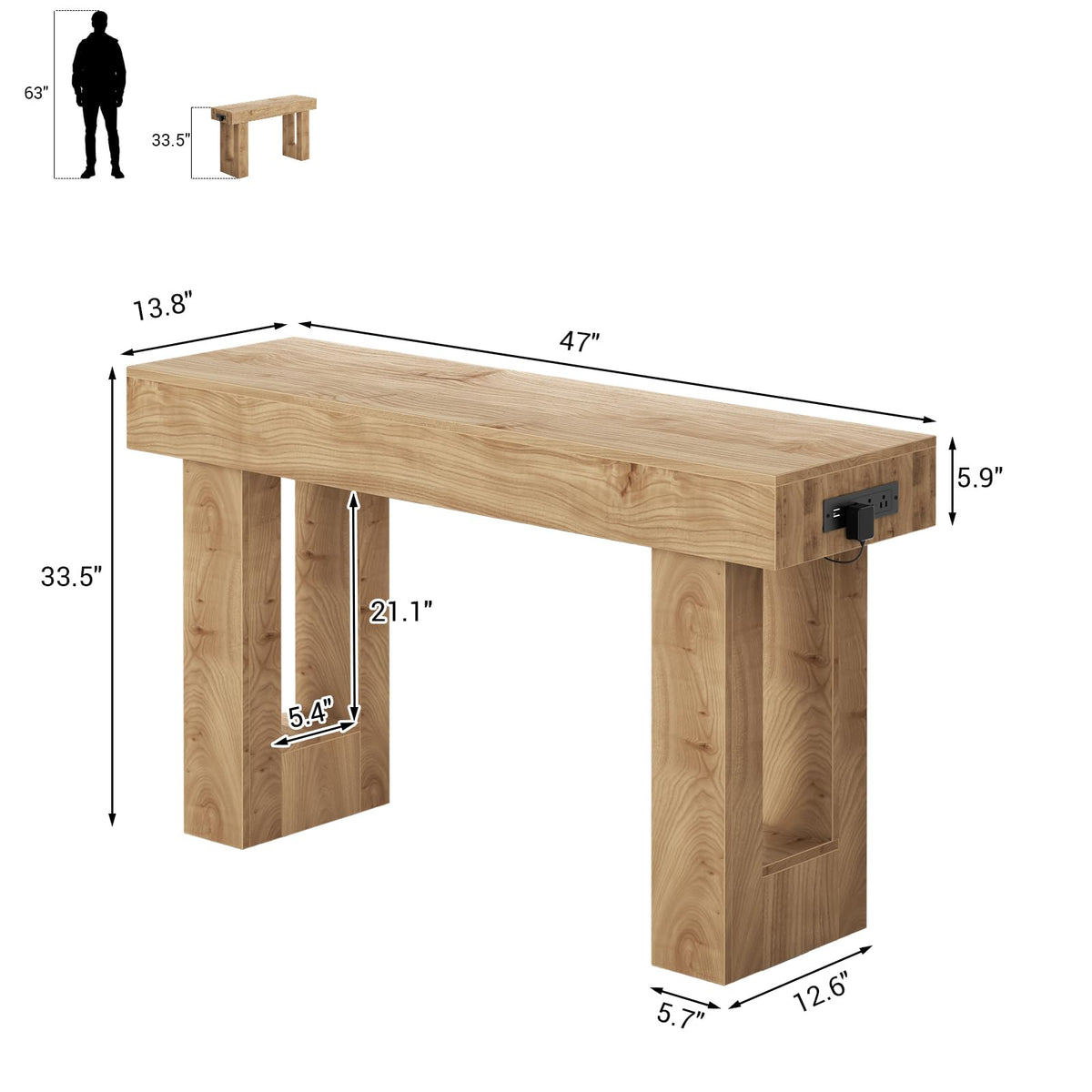 Unikito 63" Console Table with Sensor Light & AC Outlets with USB-C Ports