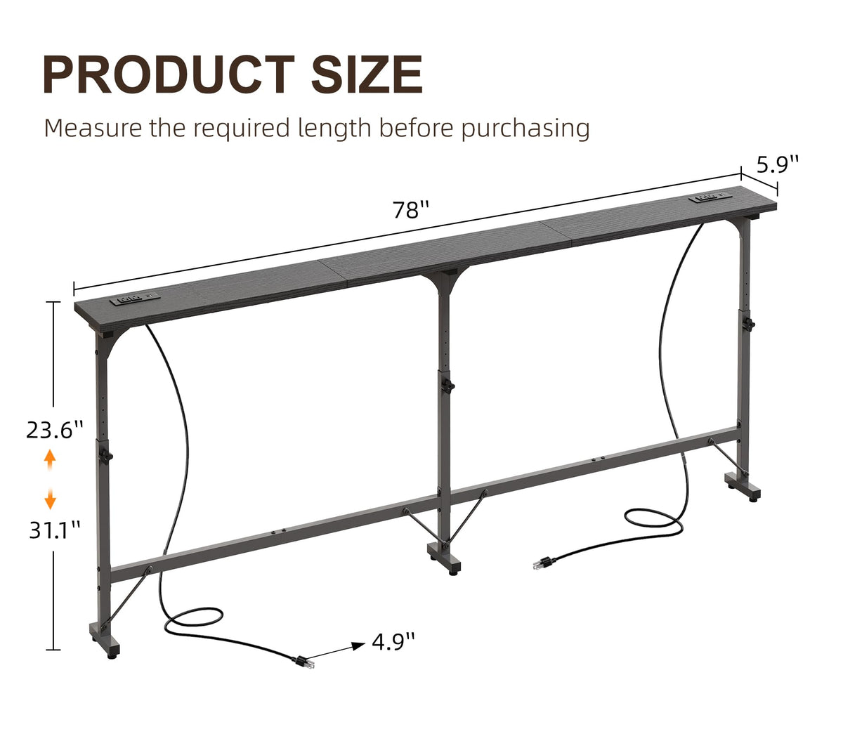 106"-157" Adjustable Length Behind Couch Sofa Table with 3 Power Outlets