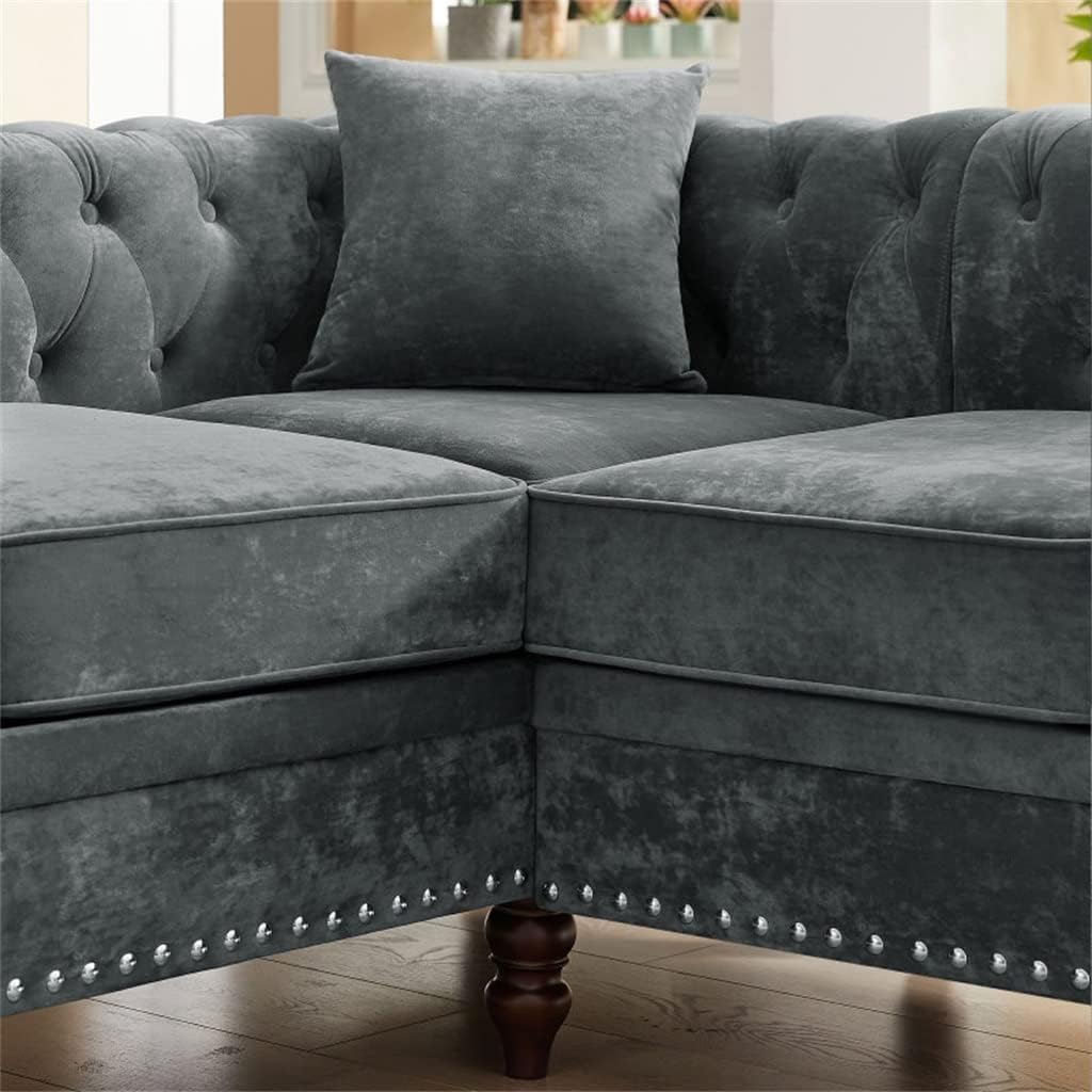 80" Deep Button Tufted Upholstered Roll Arm L-Shaped Sofa 3 Pillows Included, Solid Wood Gourd Legs