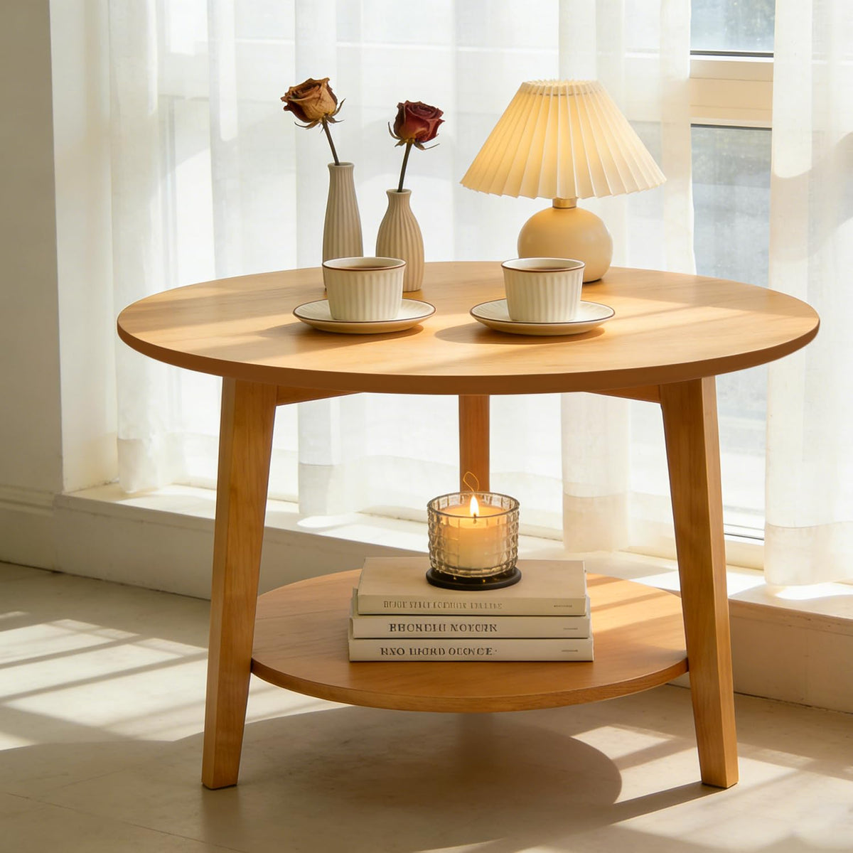 2-Tier Round Coffee Table Wood Nesting Side Table (Walnut, 28x28x18)