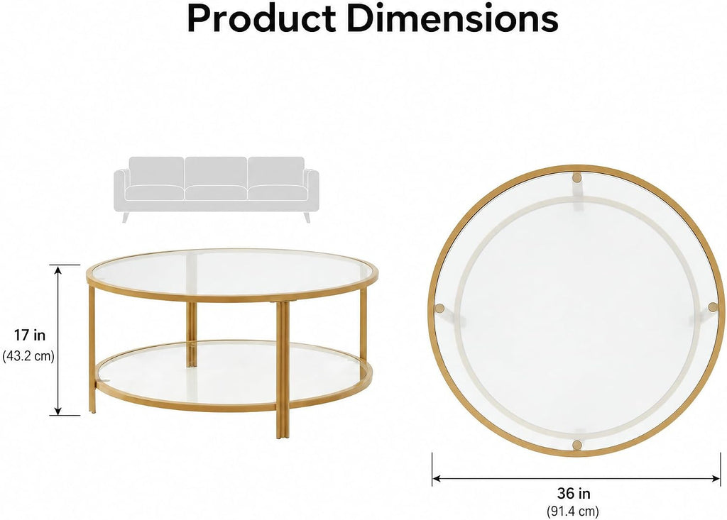 36" Round Glass Coffee Table,Gold Circle Coffee Table with Storage