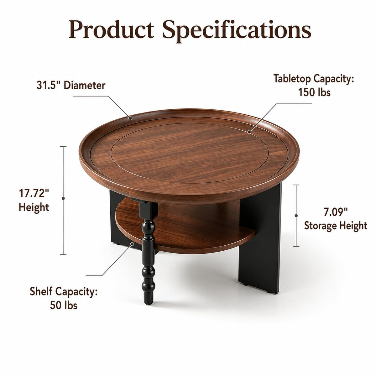 31.5" Round Wood Coffee Table, Mid-Century Modern, Walnut