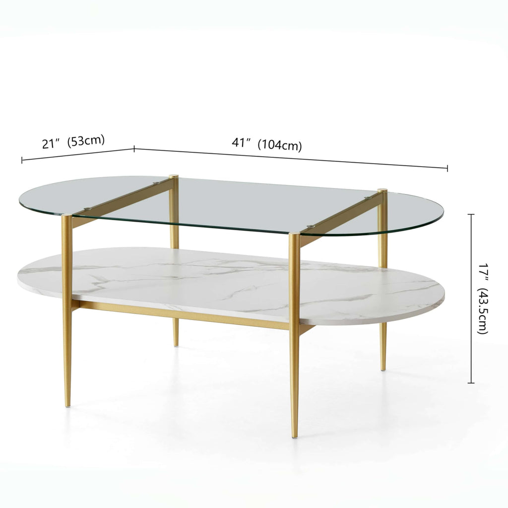LumFurn Round Coffee Table for Living Room, Mid-Century Modern Design, D30 x H17, 2-Tier Structure, Grey Glass Top and Black Marble Finish Wood Shelf, Sleek Conical Metal Legs with Gold Finish Frame