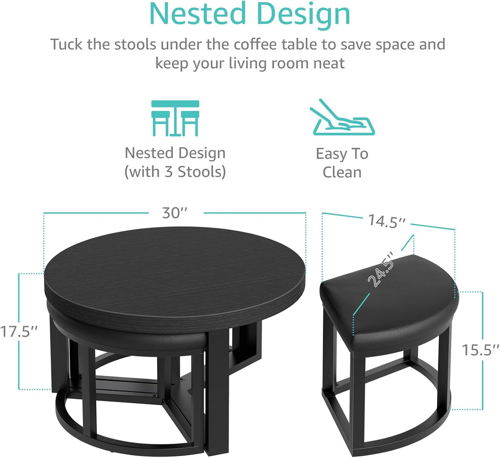Round Coffee Table with Stools Underneath - 30 Inch Small Modern Tables Set with 3 Chairs Ottomans Seating Seats Black Wood