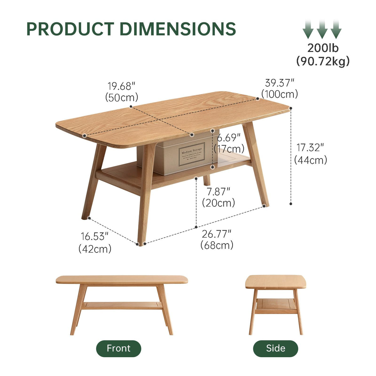 100% Solid Oak Coffee Table with Storage Shelf, 31.49" W