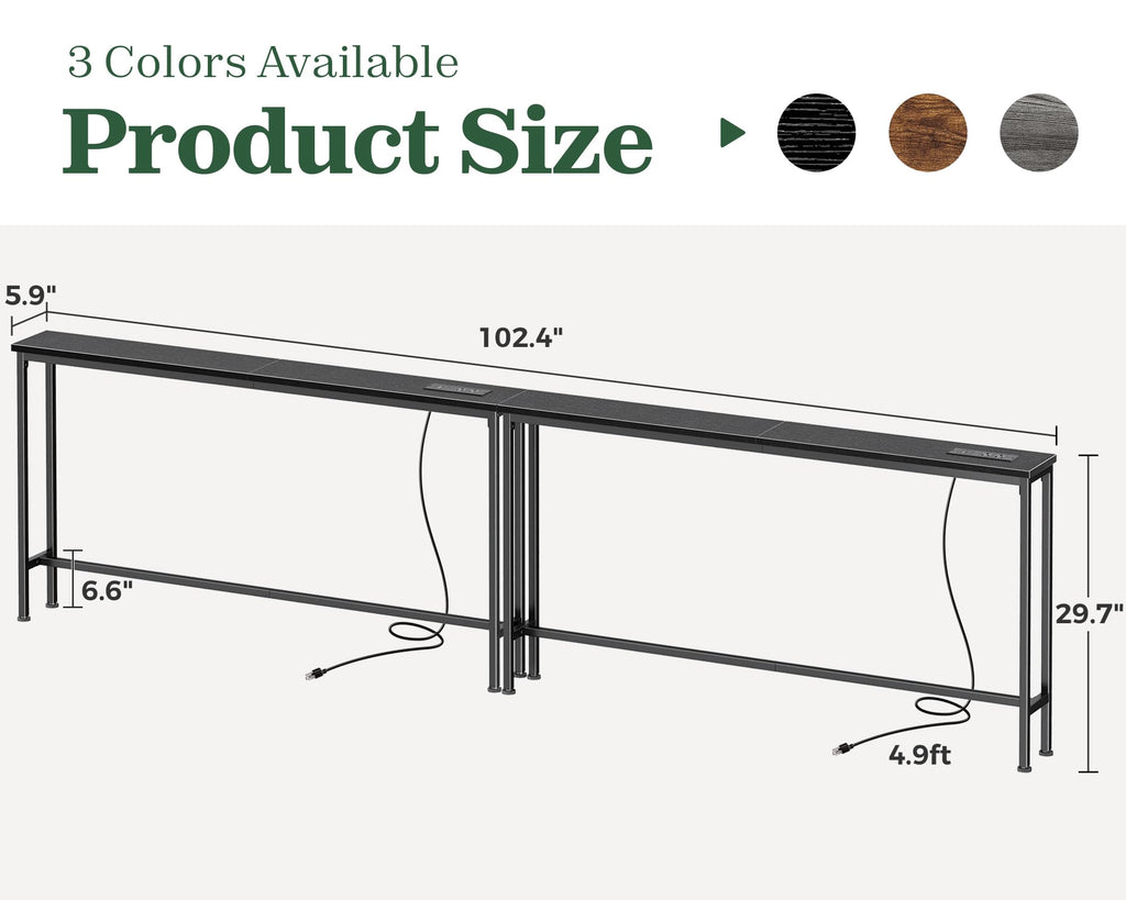 SUPERJARE 110.2 inch Narrow Behind Couch Table with Charging Stations